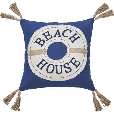 Dekokissen DONE. "CUSHION SEALIFE BEACH HOUSE", blau (blau, natur, schriftzug bedruckt bestickt), B:45cm H:1cm L:45cm, Baumwolle, Strukturstoff, Dekokissen_Sitzkissen_Kissenhüllen