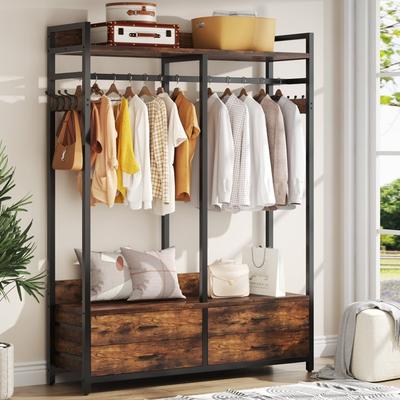 ROSE Freestanding Open Wardrobe Closet, Heavy Duty Garment Rack Closet Organizer, Rustic Brown