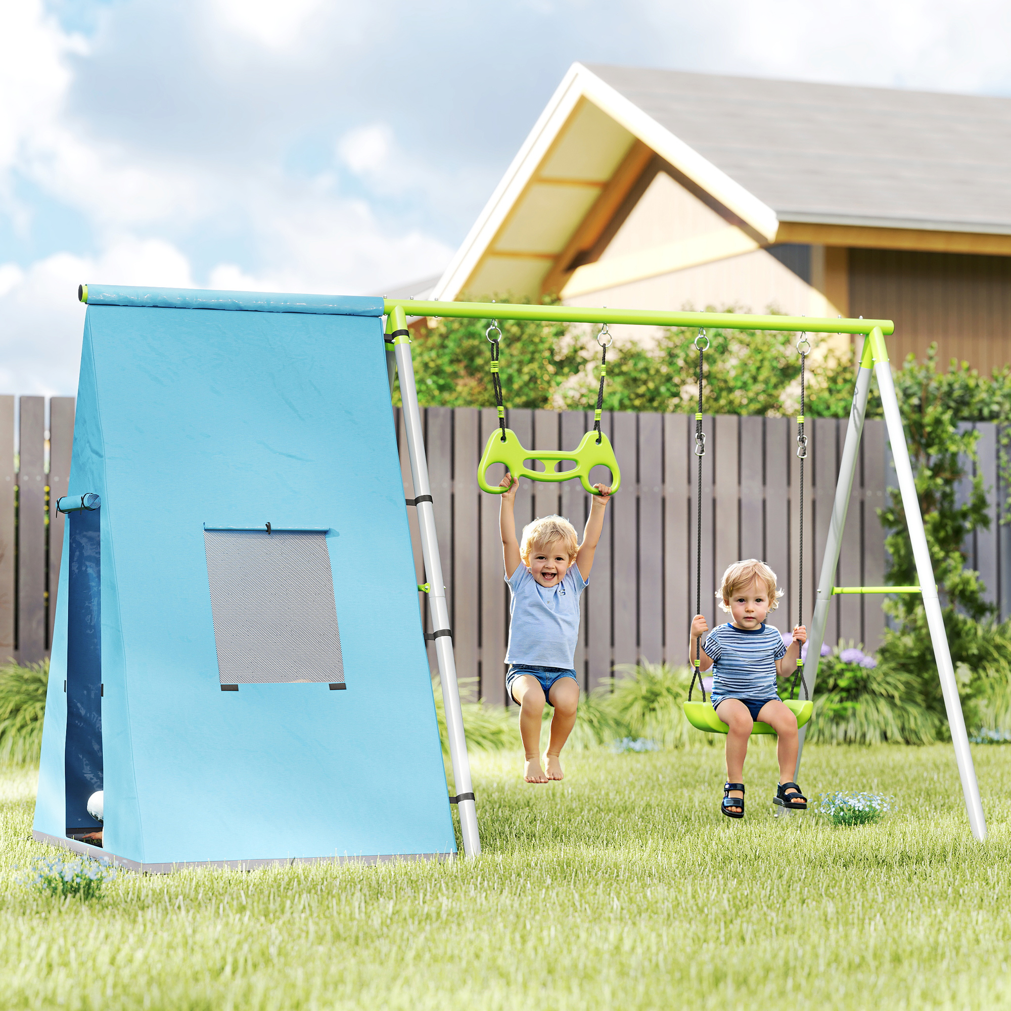 Aiyaplay 3-in-1 Set altalena, tenda da gioco, altalena, anelli da ginnastica, metallo, plastica, verde   Aosom Italy