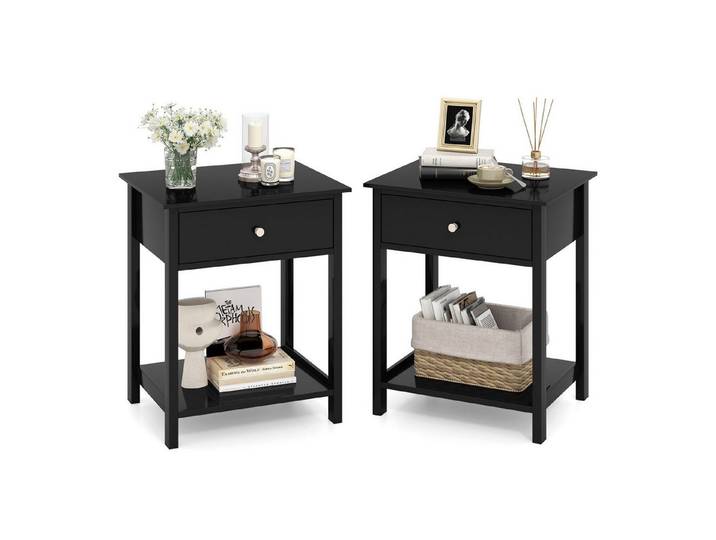 COSTWAY Nachttisch (2-St), Holz, Beistelltisch mit Schublade & Regal, schwarz