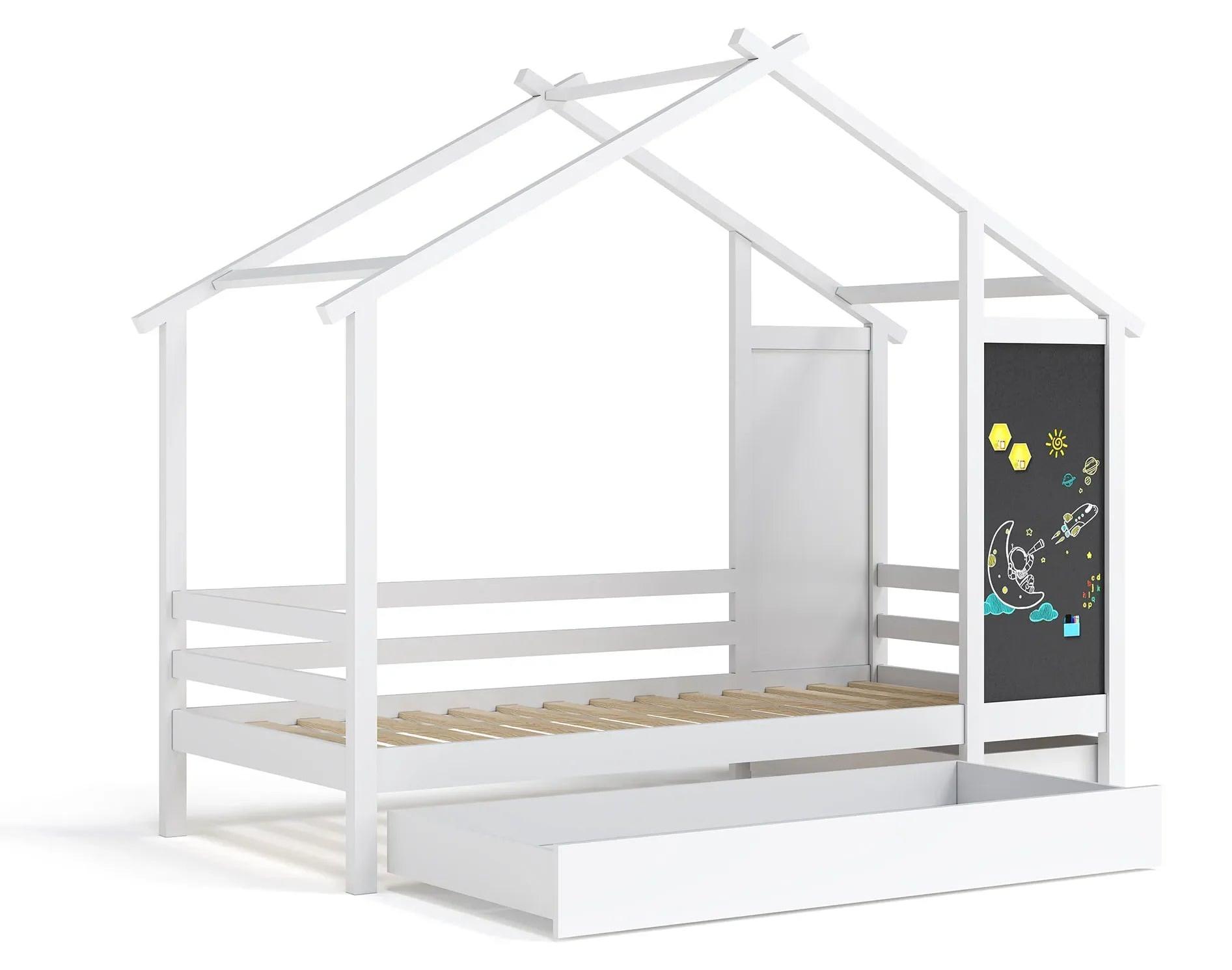 Kinderbett - Spielhausbett - Kinderhausbett - Massives Kiefernholz - 2 Aufbewahrungsboxen - Sicheres Design