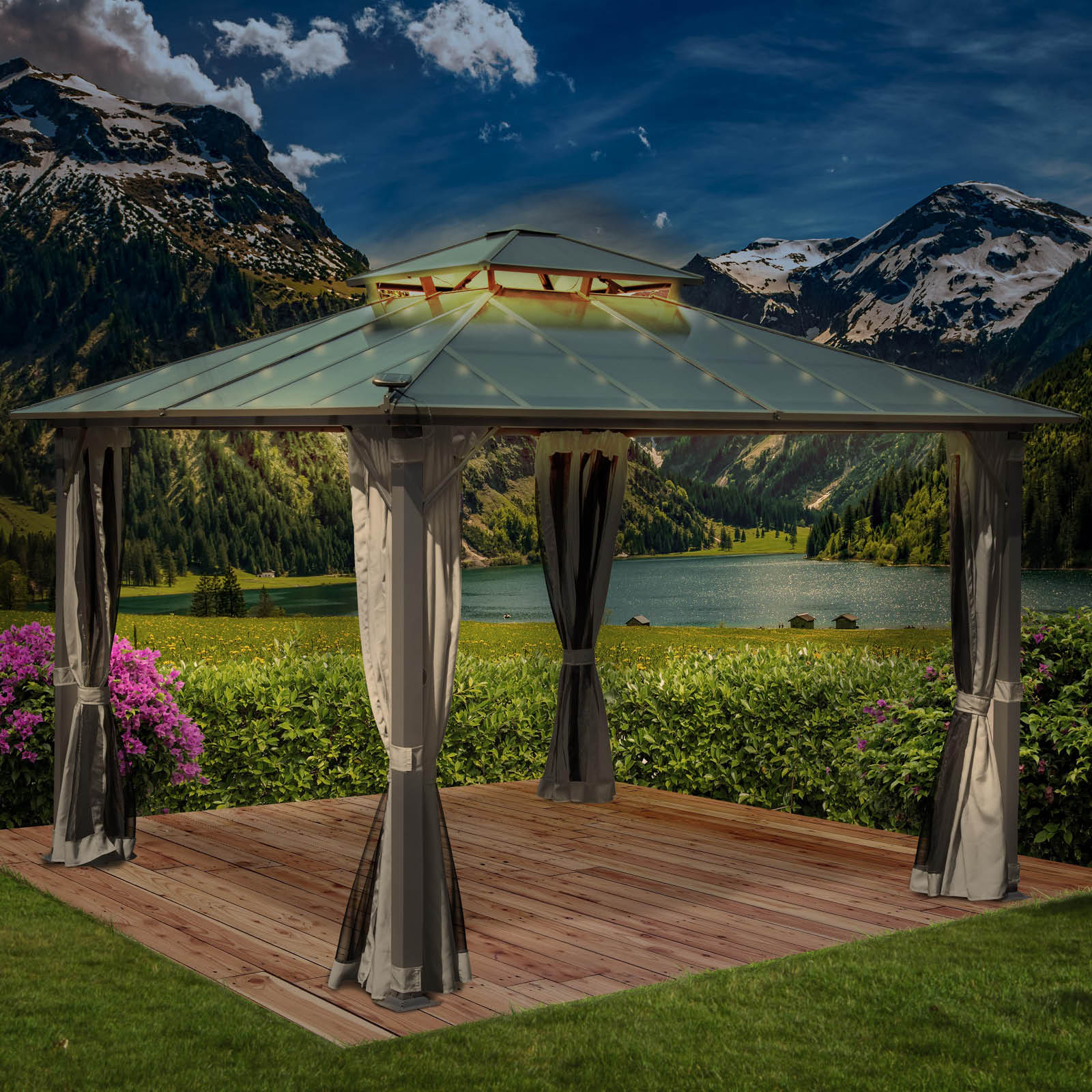 Brast Alu Pavillon PAGODE 3,5x3,5m hellgrau mit Moskitonetz & LED-Beleuchtung