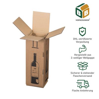 BB-Verpackungen GmbH BB-Verpackungen 10 x Flaschenversandkarton für eine Flasche Wein/ Sekt/ Magnum (144 x 144 x 425 mm) PTZ-Zulassung