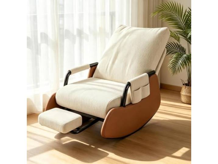 kumamart Gemütlicher Schaukelsessel – mit Ausziehbarer Beinablage Ergonomischer Schaukelstuhl mit ausziehbarer Fußstütze und Seitentasche für tägliche Entspannung.