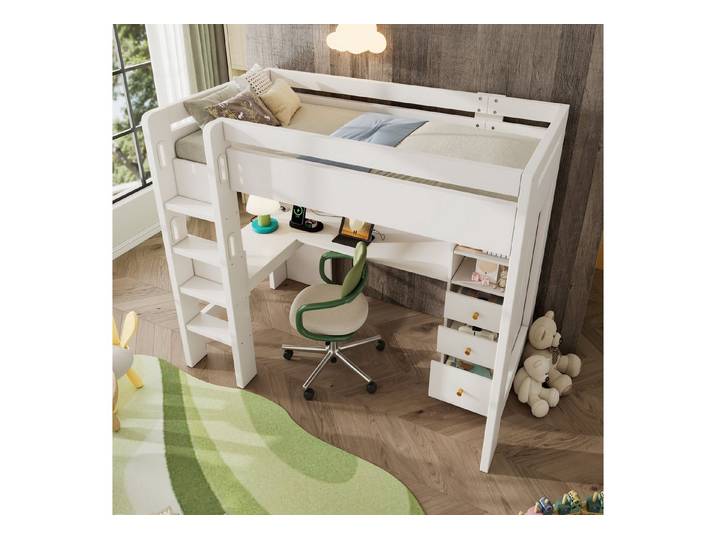 HAUSS SPOLE Hochbett 90x200 Kinderbett mit L-Schreibtisch&Schubladen&Ladebereich,Matratze (Etagenbett, Kinderbett, Massivholzbett mit Leiter, 1-St., 90×200cm,mit einer Matratze) mit L-förmigem Schreibtisch, Regalen und Schubladen