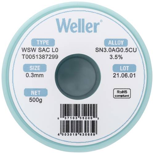Weller T0051387299 Lötzinn, bleifrei Spule, bleifrei Sn3,0Ag0,5Cu 500g 0.30mm