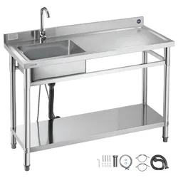 VEVOR Spültisch Spülbecken Edelstahl (120 x 50 x 94 cm), Einzelbecken mit Wasserhahn & Ablage, Küchenspüle für Garage Restaurant Wäscherei, Waschtisch Außenspüle mit Arbeitsplatte (recht)
