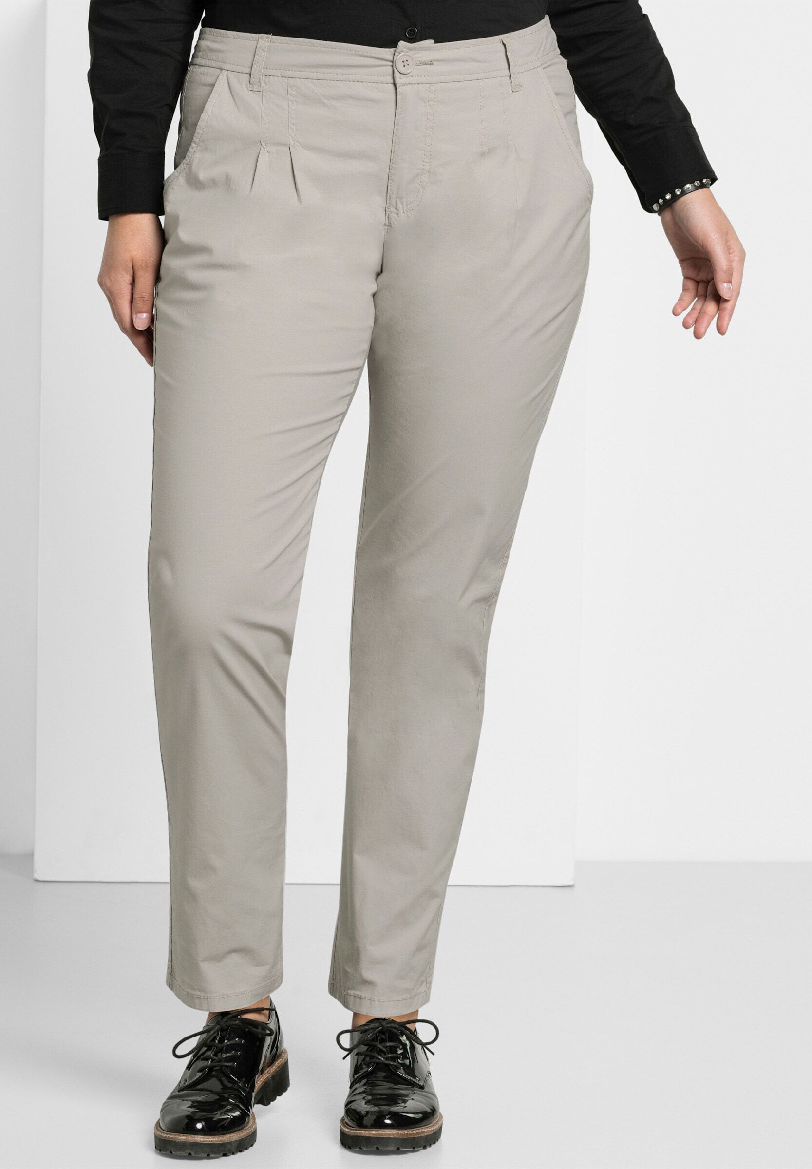 Chinohose SHEEGO "Chinohose Chinohose mit Bundfalten", Damen, Gr. 96, L-Gr, beige, Modisch, Hosen Chinohose, in Stretch-Qualität