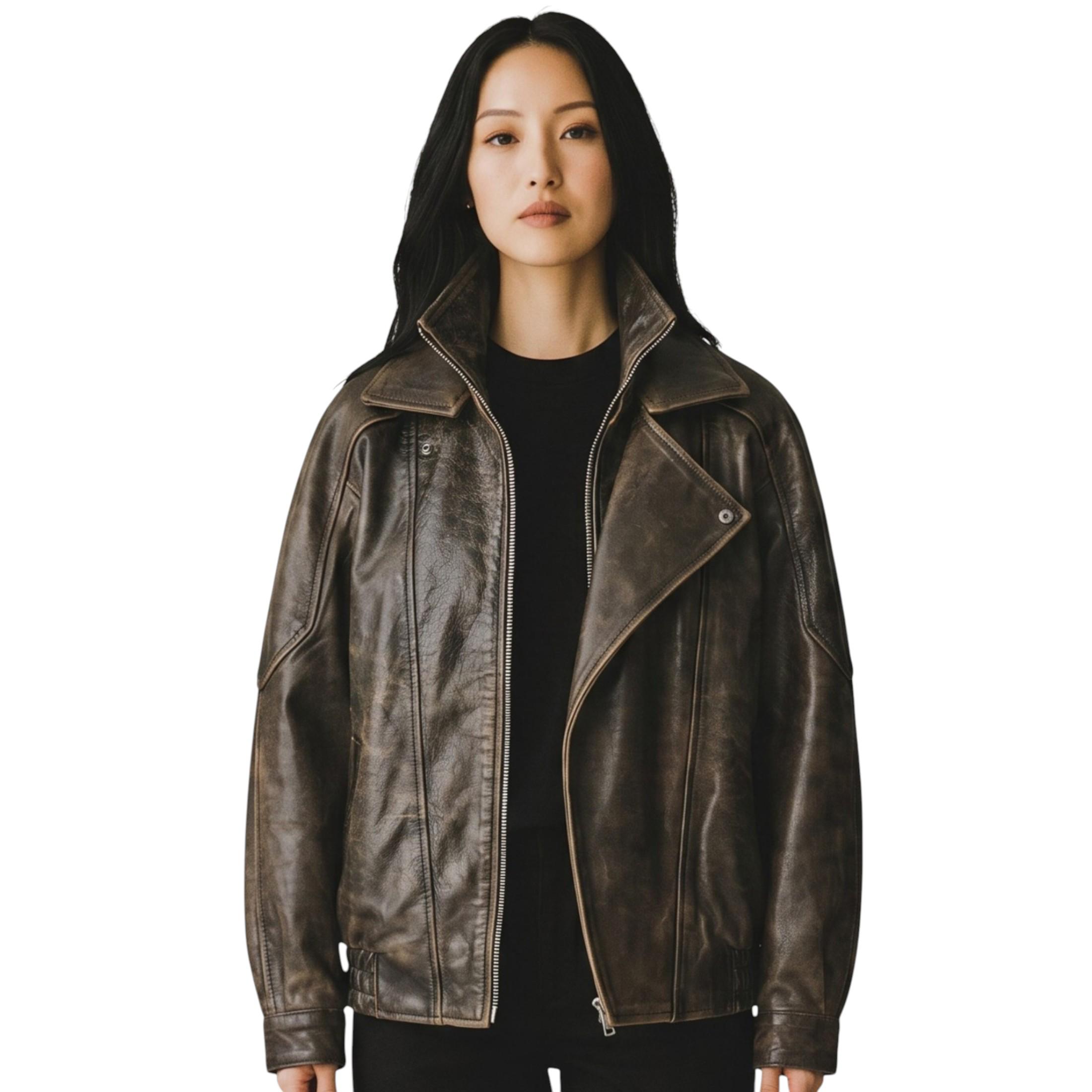 Damen braunes Kuhleder Big Bomber Biker Blouson Oversized Jacke – Krakau