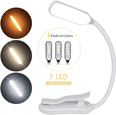 Inspire Curations 7 LED Rechargeable Clip On Book Light 3 Color Flexible Reading Lamp white Rechargeable