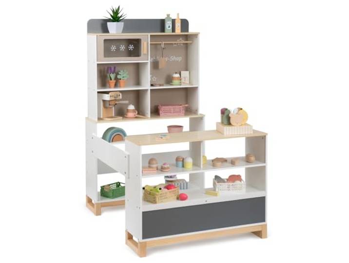Ella & Piet® Kaufmannsladen Vendy mit Kuchenauslage und Eisfach aus Holz (Weiß-Schlamm) Kaufladen Verkaufsstand für Kinder