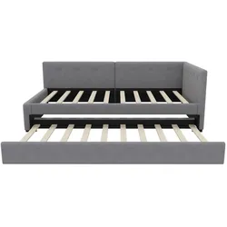 MODFU Tagesbett Samt Grau 90x200 cm mit ausziehbarem Rollbett, Lattenrost und Kopfteil