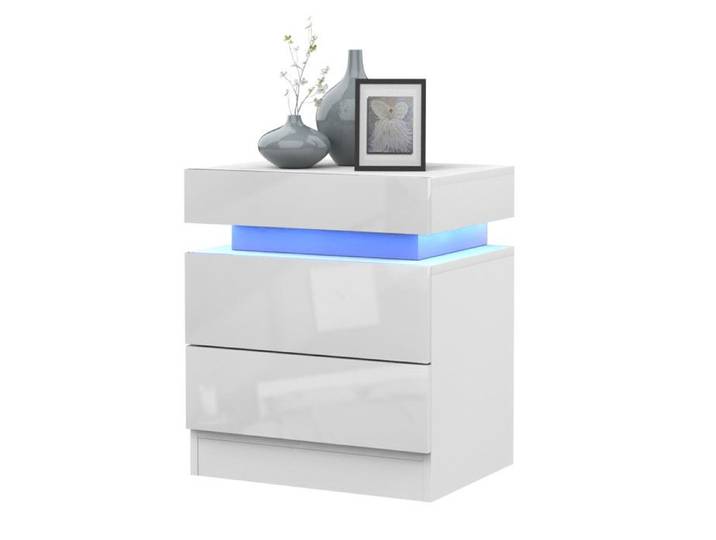Table de Chevet Nordique Blanc à LED Commode avec 2 Tiroirs Table de Nuit Meuble Rangement Moderne MDF Haute Brillance
