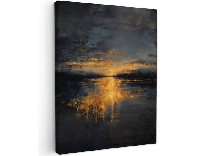 MuchoWow Leinwandbild - Goldene Reflexion auf dem Wasser - 60x80 - Gemälde, Anthrazit, Textil, Kiefer, Abstrakt, Rechteckig, 60x80 cm, gerahmt, Bilder & Rahmen, Bilder, Wandbilder