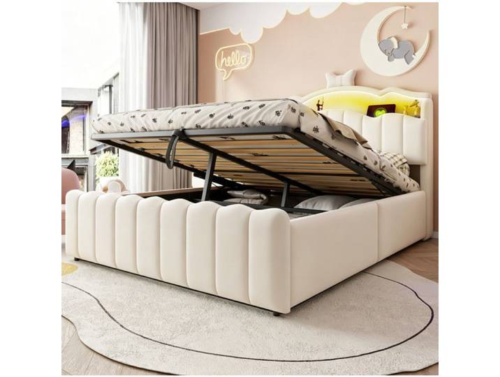 Lit Enfant 140x200 En Velours Beige Lit Coffre LED FloraGrace Pour Chambre Enfant Avec Coffre Hydraulique 222x147x131 5cm