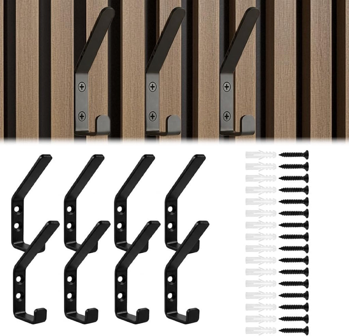Set van 8 robuuste wandhaken van zwart metaal voor kleding, jassen en accessoires