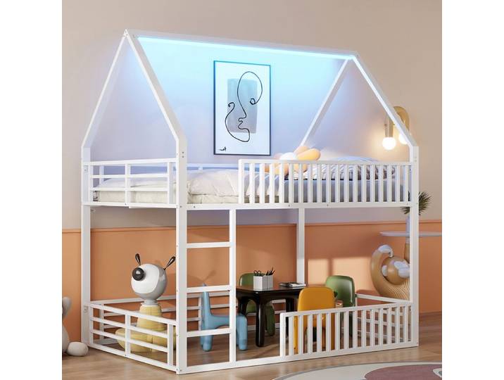 Lit superposé 140x200 cm maison avec barrière et éclairage LED Blanc