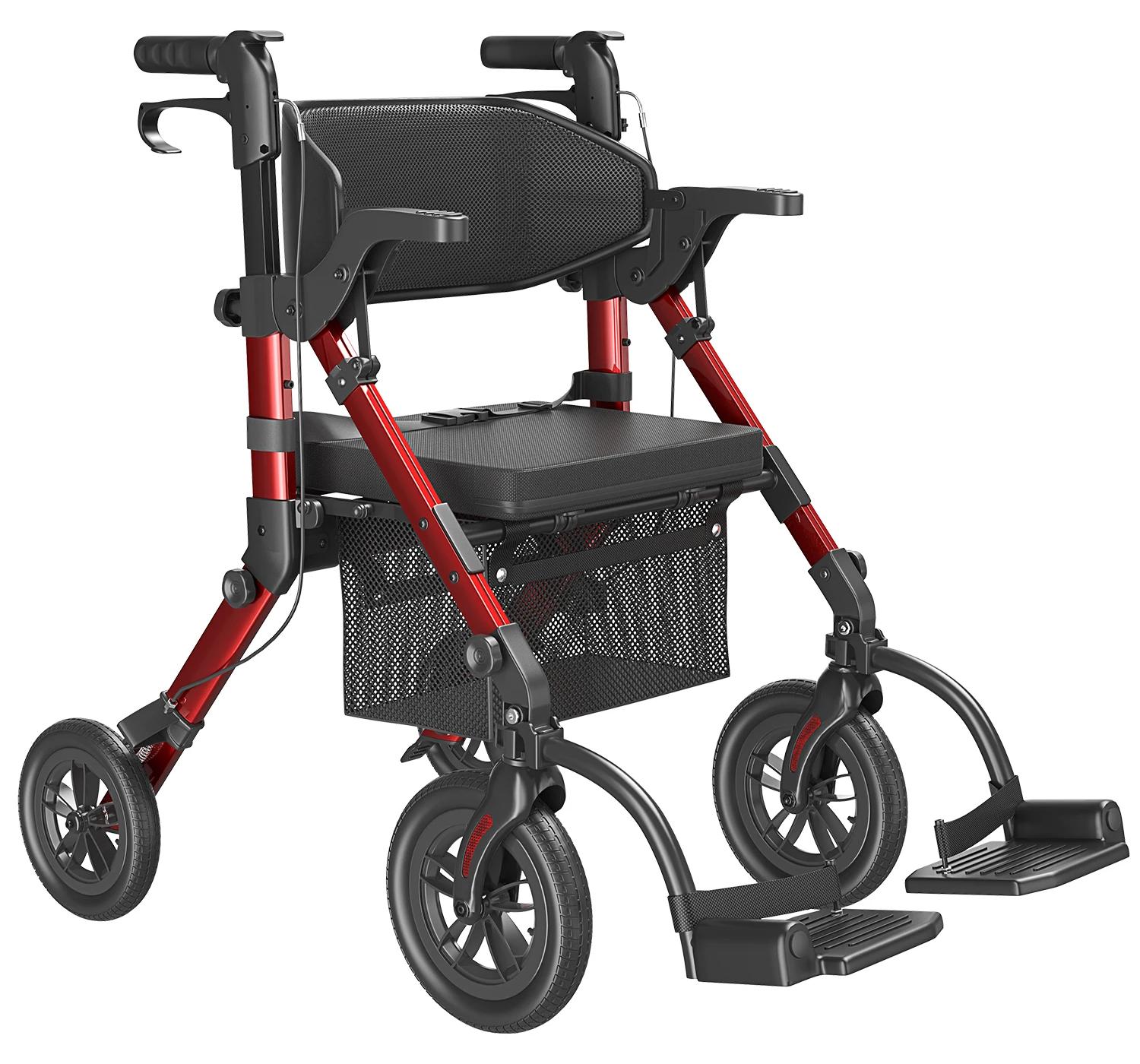 Senioren Gehhilfe - Rollator Rollstuhl Kombination - Mit Sitz - Leichtgewicht - Faltbar - Geschenk für Senioren - Rot