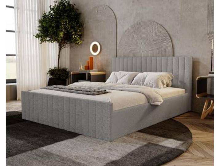 Emporius Polsterbett 140x200 cm Billo Slim - Doppelbett mit Bouclé-Stoff, Lattenrost, Bettkasten - Glamour, Elegant, Polsterbett (Hellgrau - Anthology 15)