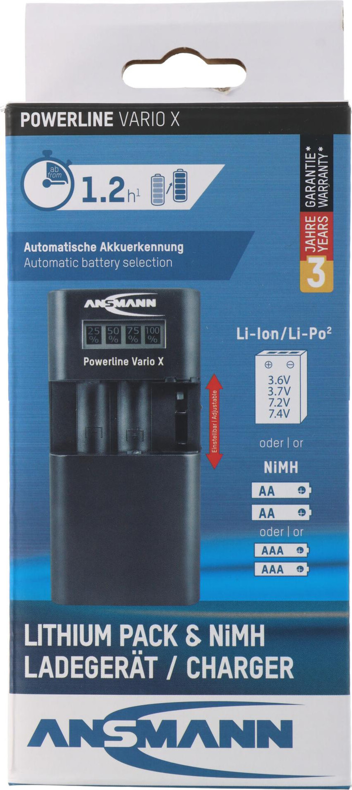 Ansmann Powerline Vario universele oplader met verstelbare oplaadcontacten voor accupacks, camera's, telefoons en AA/AAA-batterijen