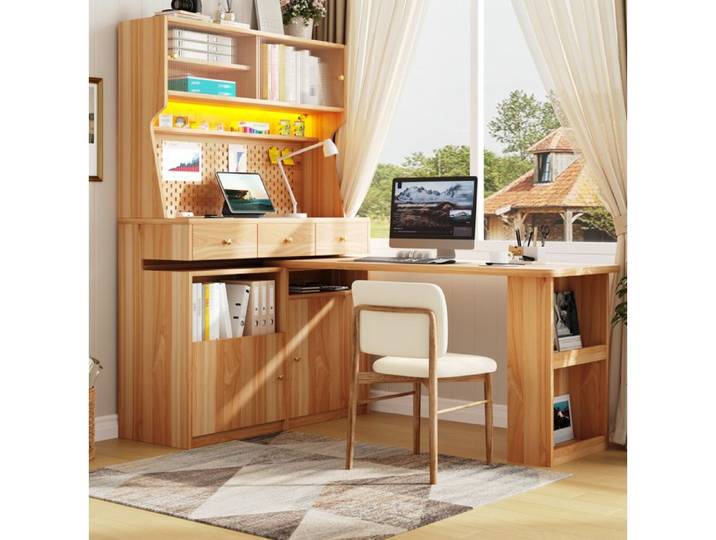 Modenuit Buffet haut multifonction avec bureau intégré LED App portes coulissantes en verre MDF naturel