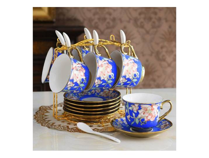 Quality Elegance Tasse Luxus Bone-China Coffee Cup Set – 6 Kaffeetassen mit Golddekor, Bone China