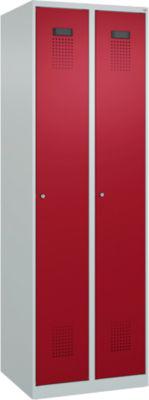 Kleiderspind C+P Evolo Plus, 2 Abteile, Anschlag rechts, Zylinderschloss, Soft-Anschlag, B 600 x T 500 x H 1850 mm, lichtgrau/rubinrot