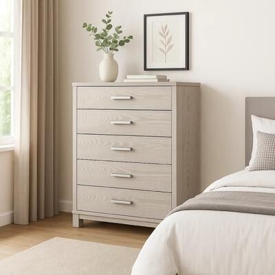 Benjara Loji 5 Drawer Tall Dresser Chest, Weathered Gray Solid Wood Storage