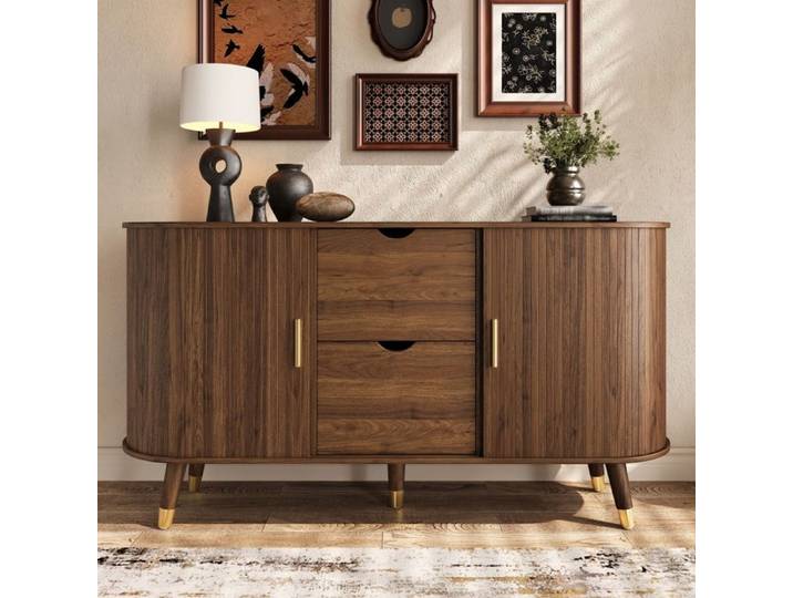 Buffet bas en bois Buffet salon Rayures verticales Buffet 2 portes coulissantes 2 tiroirs Pieds en bois massif Angles arrondis