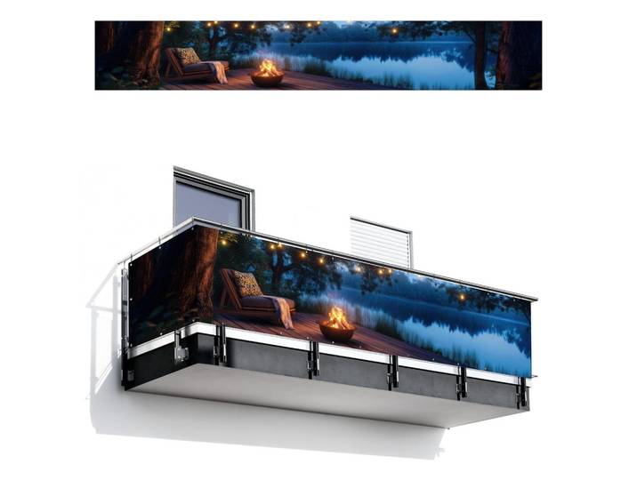 MuchoWow Balkon-Sichtschutz Lagerfeuer - See - Abendlicht, Dunkelblau, Kunststoff, Rechteckig, 500x80 cm, Sonnenschutz, Sichtschutz