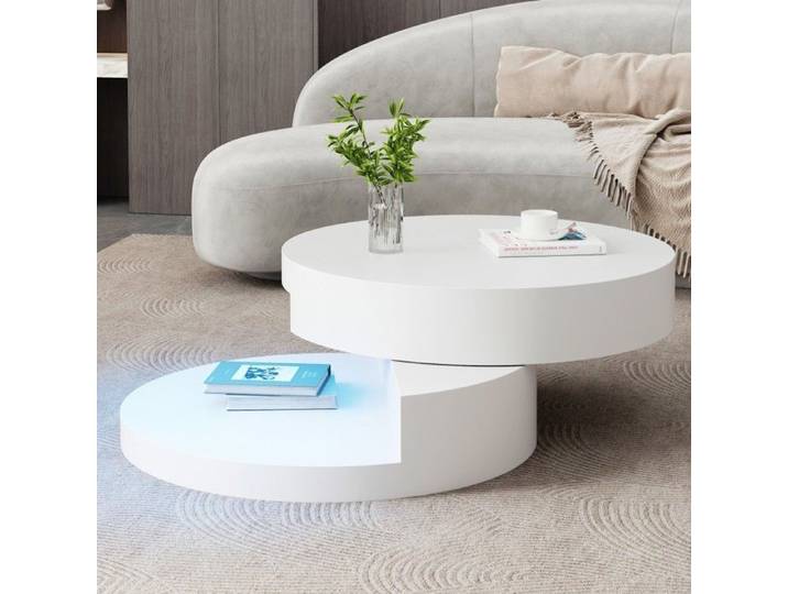 Table basse cylindrique blanche 70x70x35.5cm MDF 2 niveaux plateau pivotant 360° LED charge 30kg salon