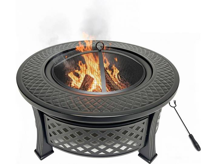 Relaxdays Feuerschale, Ø Schale 55 cm, mit Funkenschutz, Schürhaken, Stahl, Feuerstelle Garten, Terrasse, schwarz
