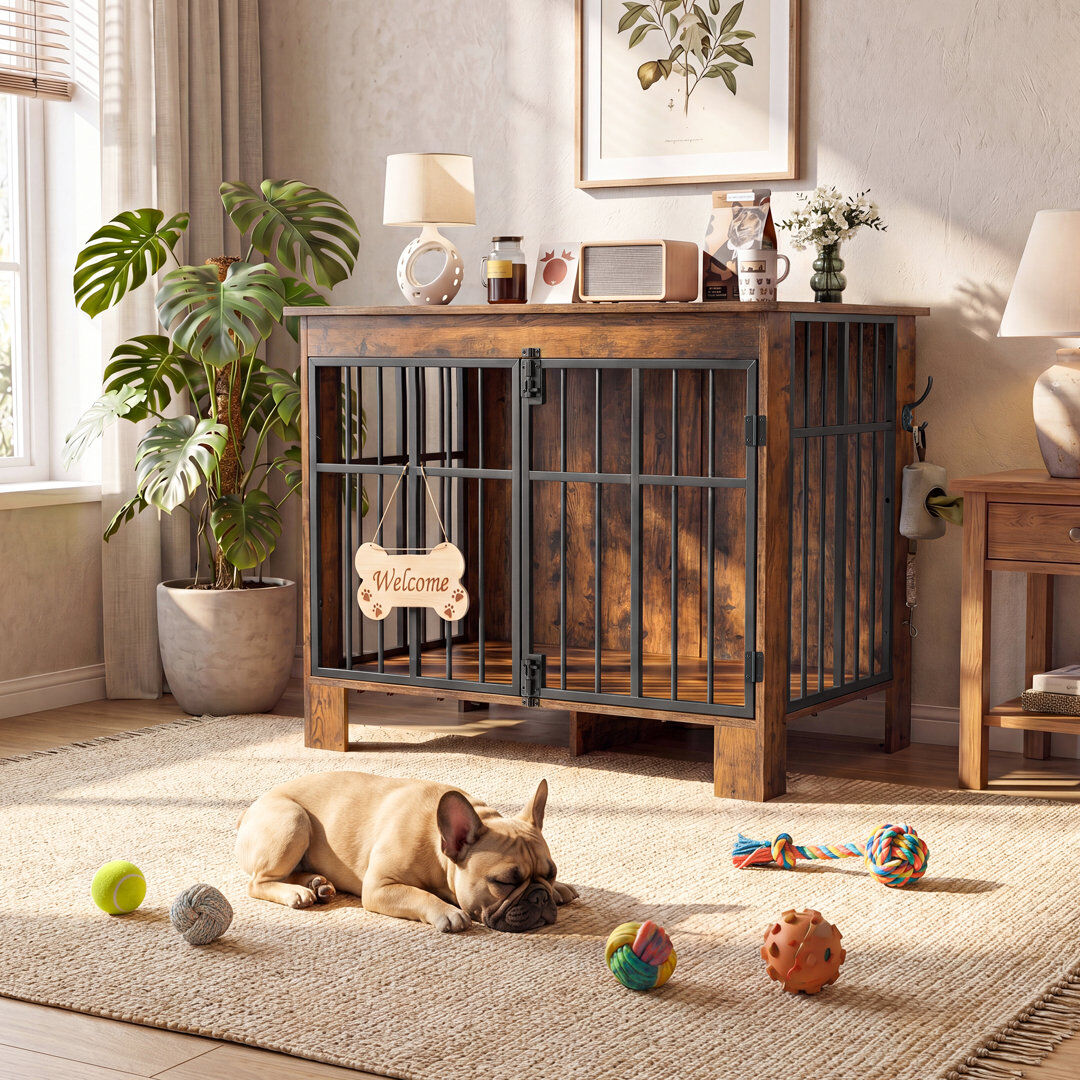 Brayden Studio 85 cm Dog Crate Furniture, Double Door Dog Cage with Welcome Sign & Side Hook for Small & Medium Dogs Brown