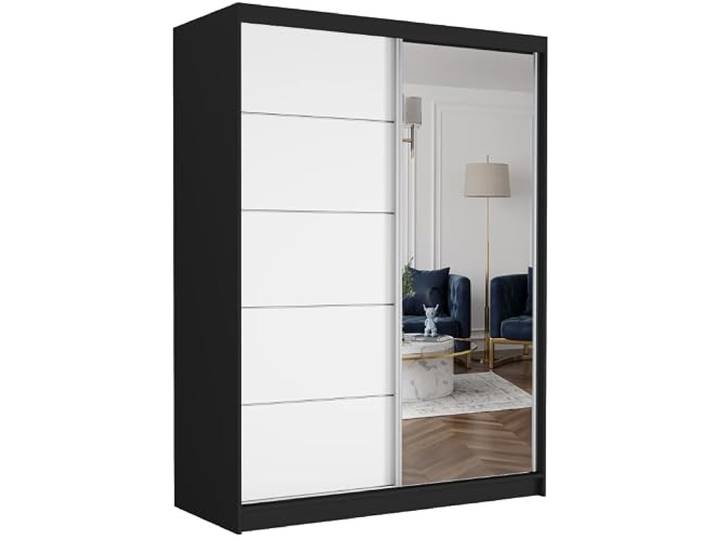 Easy4You Krudox Schwarz/Weiß 150 cm Schiebetürenschrank Kleiderschrank mit Spiegel Schlafzimmermöbel Mehrzweckschrank mit Kleiderstange Schrank für das Schlafzimmer
