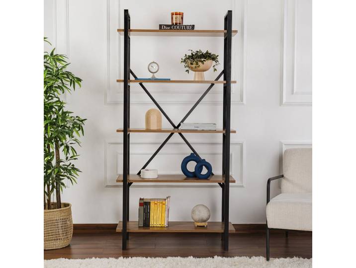 Etagère 5 niveaux 90x33,5x180 cm décor noyer et noir