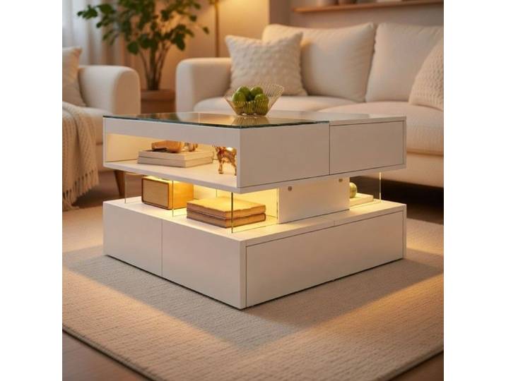 CollaHausse Table Basse Réglable Hauteur LED 16 Couleurs Verre Acrylique Salon