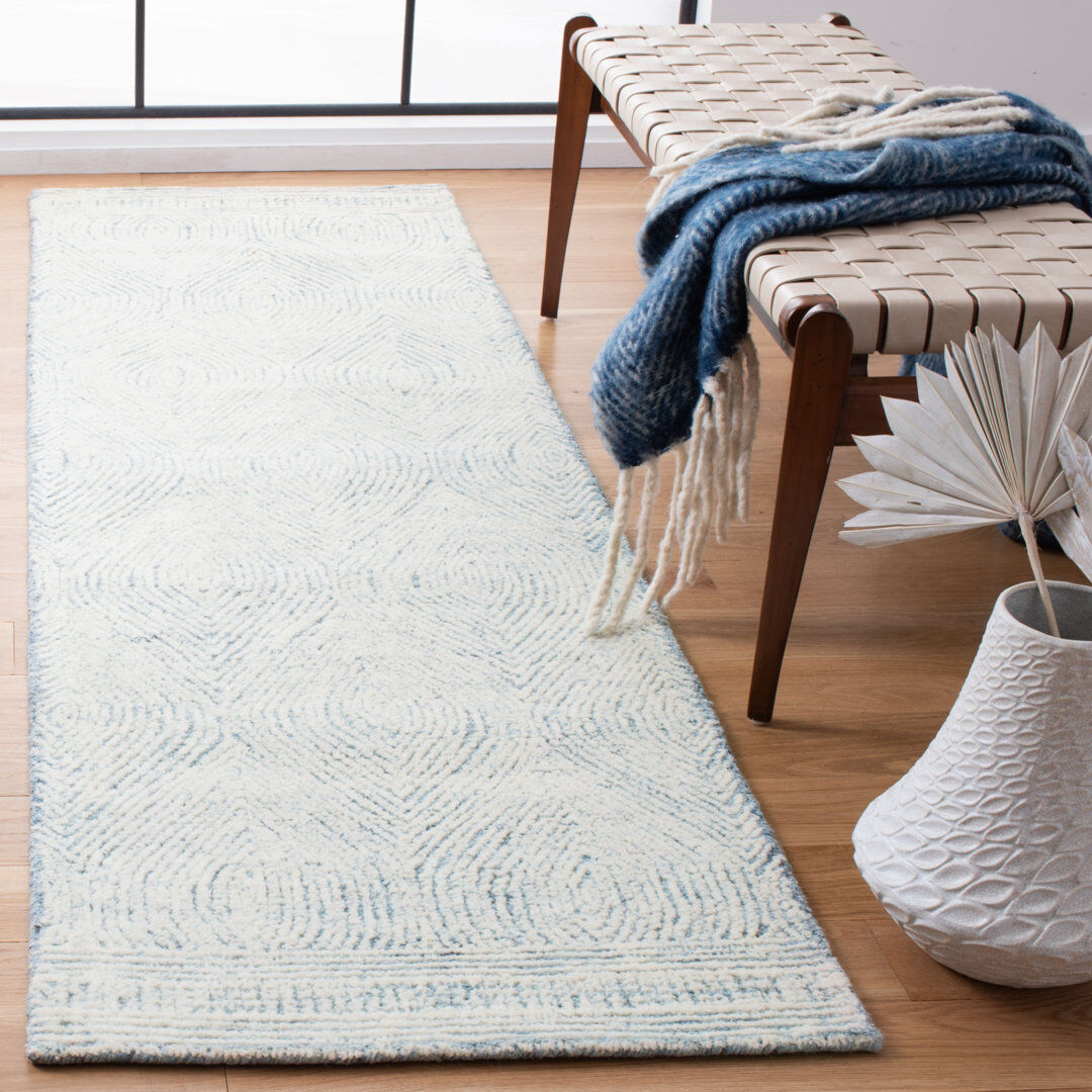 Brayden Studio Caedan Geometric Shapes Wool Hand Tufted Area Rug Blue Runner 69 x 244 cm
