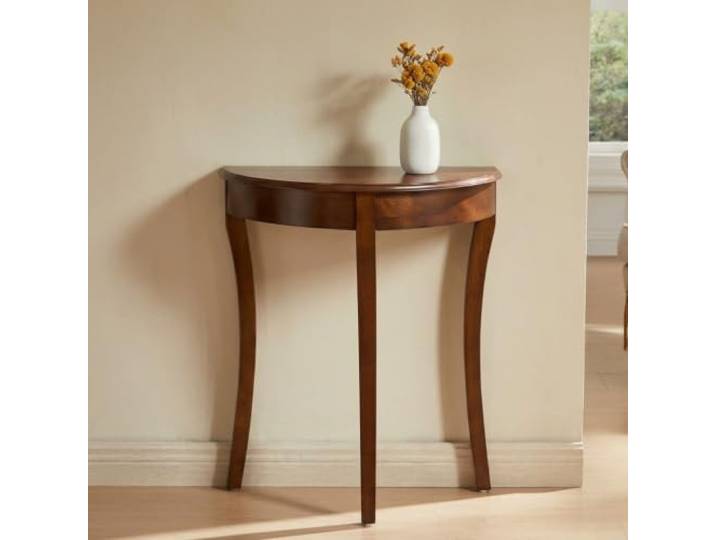 Massivholz Konsolentisch, Halbmond Flurtisch, Beistelltisch schmal Echtes Massivholz, platzsparendes Design, stabiler Stand, einfache Montage(Walnut)