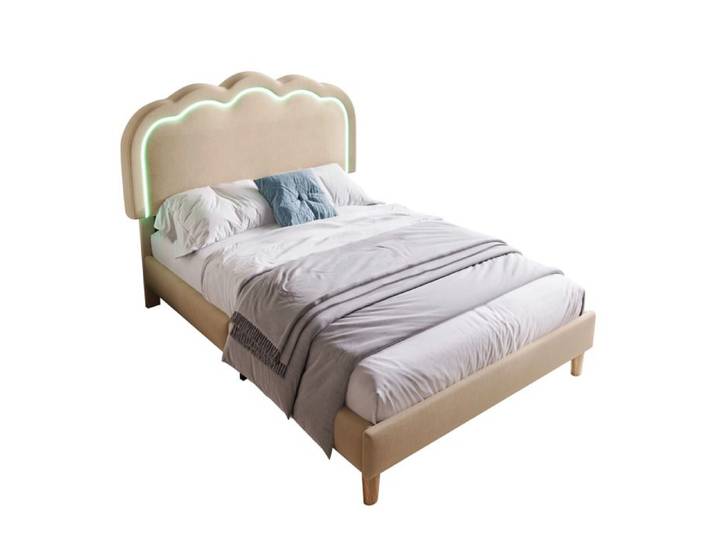 Lit rembourré LED lit simple 90 x 200 cm cadre de lit avec treillis et tête réglable lit rembourré en beige