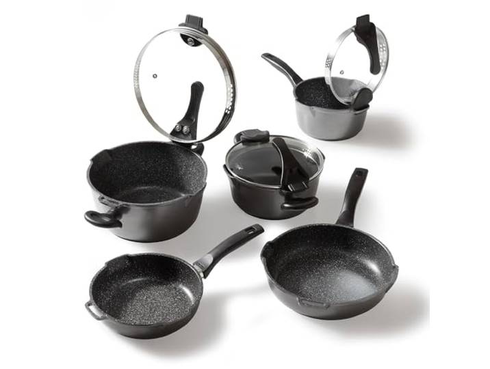 STONELINE Future Topfset Induktion, 8-teiliges Topfset mit Pfanne und Sieb Deckel, Kochtopf Set beschichtet mit echten Steinpartikeln, Aluguss Topf und Pfanne Induktion für alle Herdarten geeignet