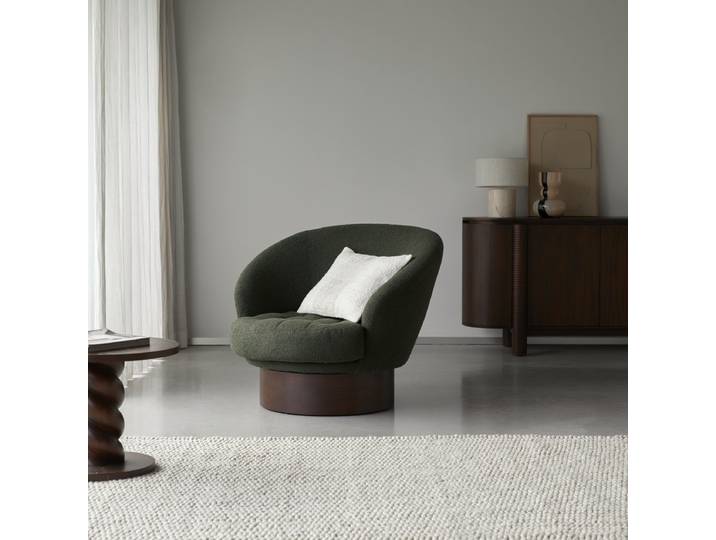 Drehsessel aus Mindiholz mit grünem Stoffbezug - Dunkelgrün - Fabric