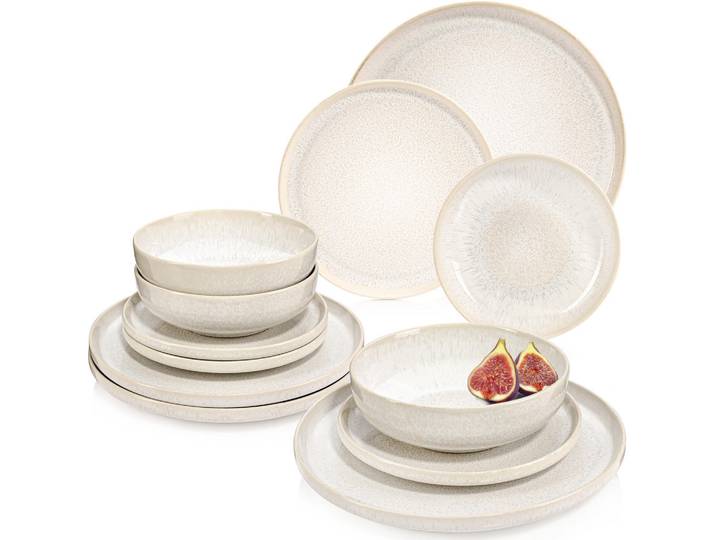 Sänger Tafelservice Korfu - 12 teilig aus Steingut, Creme, 12-teilig, Rund, 27.5x6x27.5 cm, kratzfest, Geschirr, Geschirrsets, Tafelservice