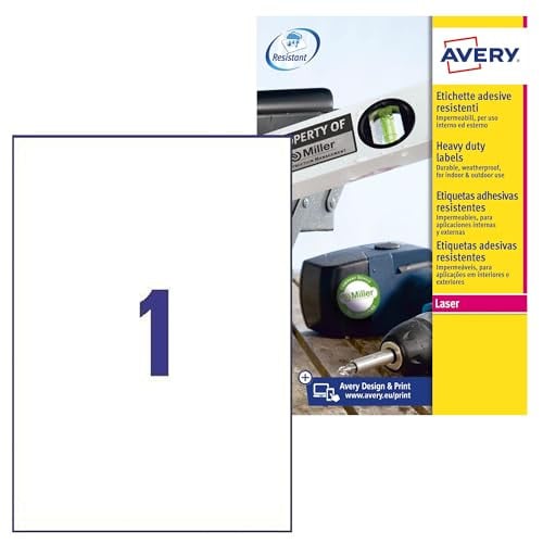Avery Italia L4775-20 zelfklevende polyester etiketten, wit, 20 vellen A4, rechthoekig, 210 x 297 mm, 1 etiket per vel, permanent hechtend, voor laserprinter
