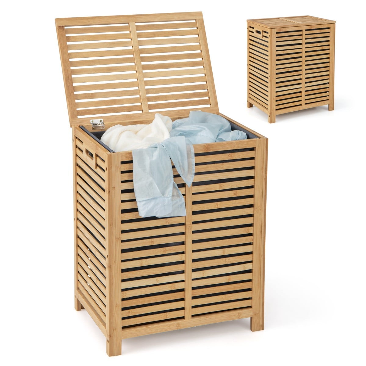 Costway Bamboe Wasmand met Deksel en Wasbare Waszak, 80 L