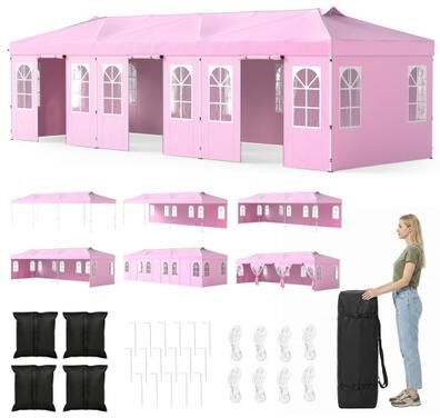 Costway 10 x 30 FT Pop Up Canopy Tent with 8 Sidewalls and Adjustable Height-Pink