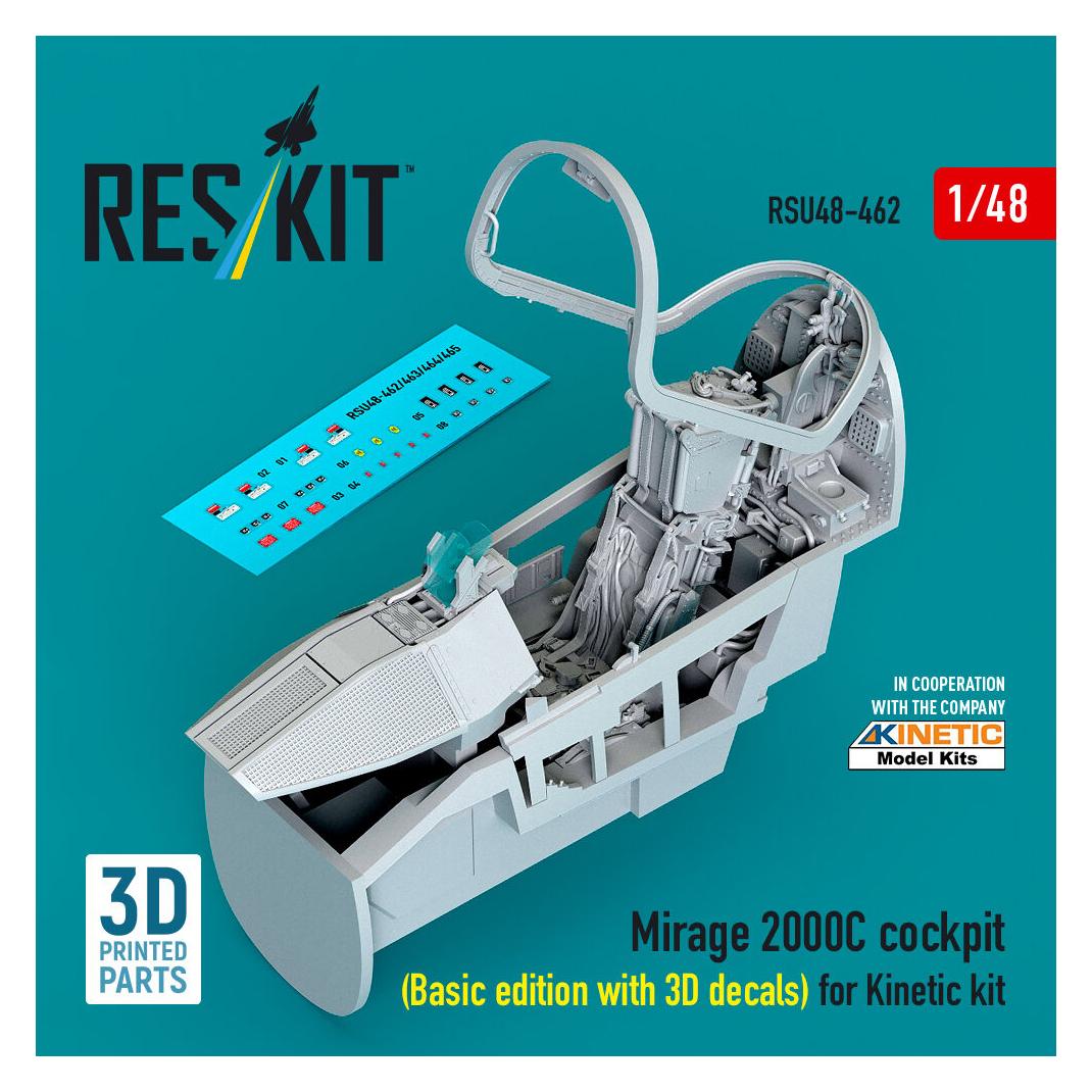 ResKit Mirage 2000C cockpit (Basic edition with 3D decals) for Kinetic kit (3D Printed) (RSU48-0462)