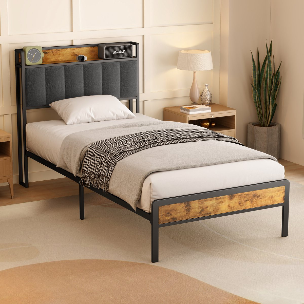 Bealife BF24 Bedframe met Opslaghoofdsteun en Bedside Shelf - Grijs - 90 x 200 cm