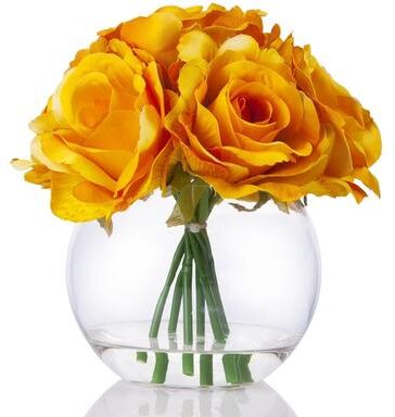 Enova Home Artificial 7 Heads Large Silk Roses Fake Flowers Arrangement in Clear Glass Vase with Faux Water for Home Decoration