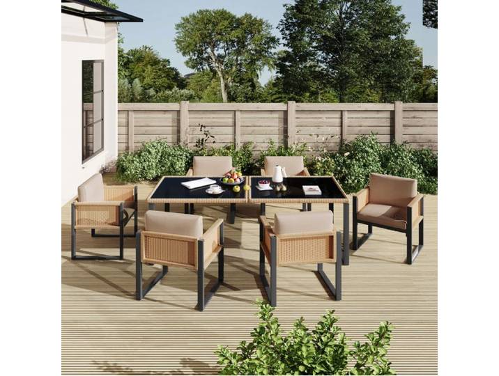 ROVRYN Ensemble table et chaises de jardin 6 personnes 1 table 170x80 cm et 6 fauteuils en rotin PE