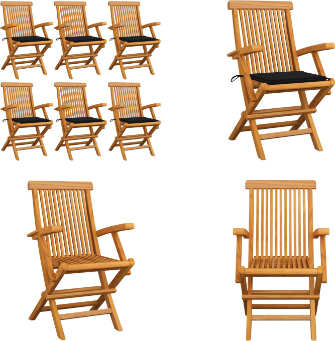 vidaXL Gartenstühle mit Schwarzen Kissen 6 Stk. Massivholz Teak - Gartenstuhl - Gartenstühle - Gartenstuhl Holz - Gartenstuhl Massivholz